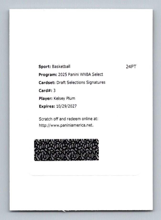 2025 Select WNBA Kelsey Plum Draft Selections Signatures Redemption