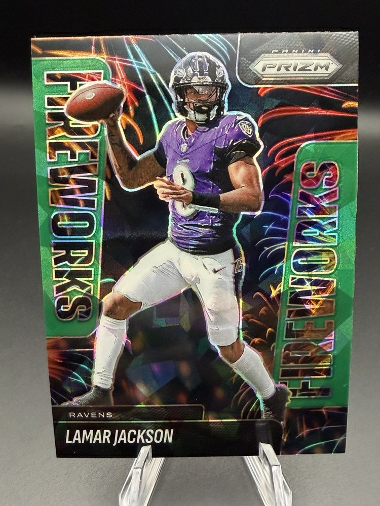 2025 Panini Prizm – Fireworks Lamar Jackson #22 Green Ice Prizm