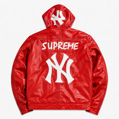 NY Yankees Red & Black Leather Varsity Jacket with Removable Hoodie