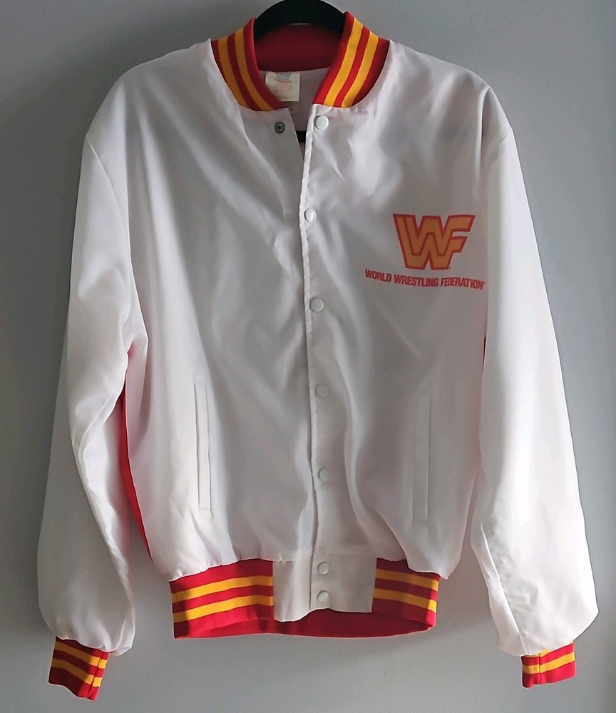 Titan Sports, Inc. WWF White Snap-Front Jacket Size L Red/Yellow Trim Polyester