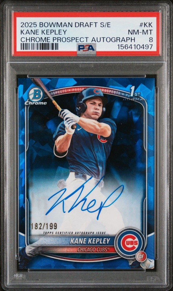 2025 Bowman Draft – Chrome Prospect Auto Kane Kepley Blue/150 PSA 8