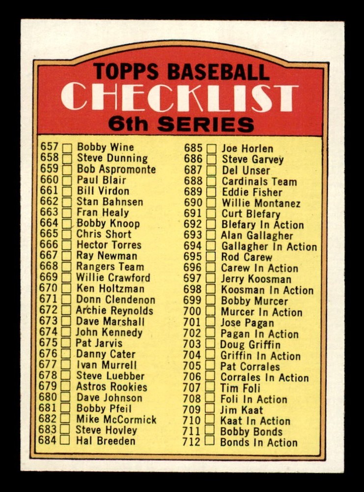 1972 Topps Baseball #604 6th Series Checklist (657-787) NM/MT *d18