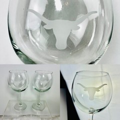 Pair Of 2 Texas Longhorns Stemmed Wine Glass Large Mouth Clear Frosted Logo EXC!