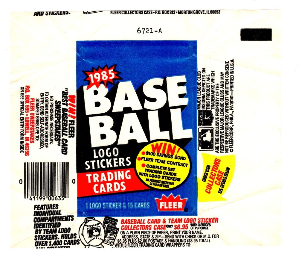 1985 FLEER BASEBALL CARD WRAPPER – EMPTY – NO CARDS – FREE SHIPPING