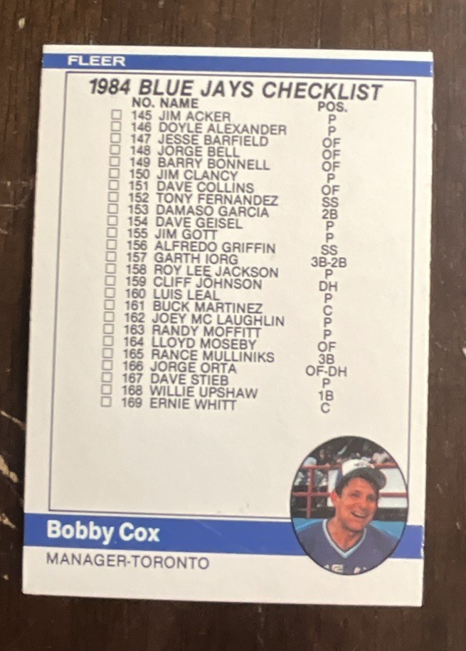 Fleer 1984 MLB Baseball 2-Card Lot Blue Jays/Cubs Checklist Bobby Cox