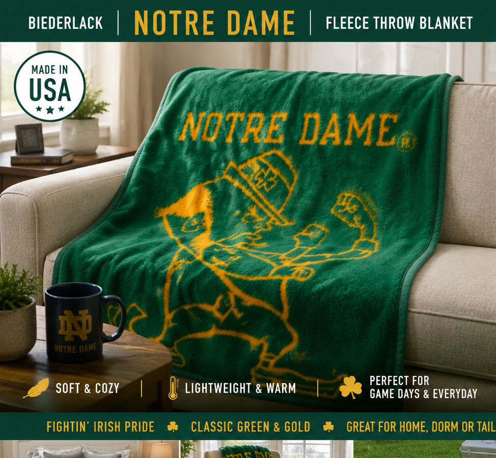 Biederlack Notre Dame Fighting Irish Fleece Throw Blanket Green Gold 57×47 USA