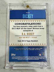 2013 Topps In The Name RA Dickey 1/1 Letter Patch Relic #ITN-RD NY Mets CY Young
