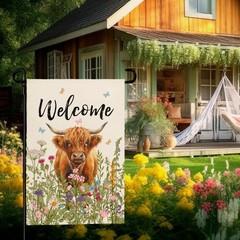 Dacawin Welcome Spring Highland Cow 12×18 inches, welcome cow garden flag