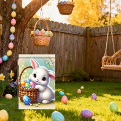 Easter Garden Flag, Cute Bunny & Basket Eggs Pattern Polyester 12×18 Inches, E