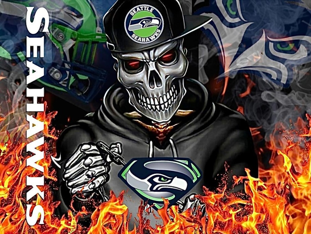 (2) Seattle Seahawks Fire & Flames Skull Waterproof Vinyl Stickers 4.5×3.5 Decal