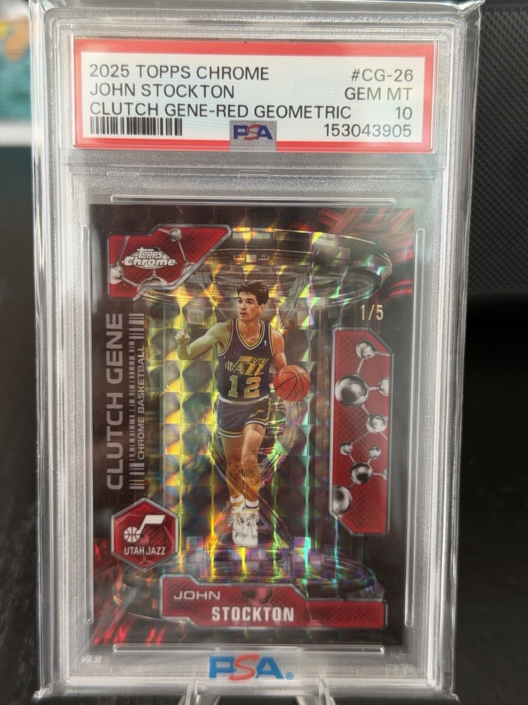 John Stockton 2025 Topps Chrome #CG-26 Clutch Gene Red Geo Refractor /5 PSA 10