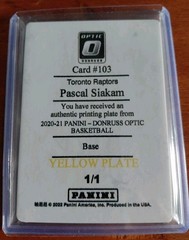 2020-21 Panini National Treasure. Pascal Siakam YELLOW PLATE Select 1/1