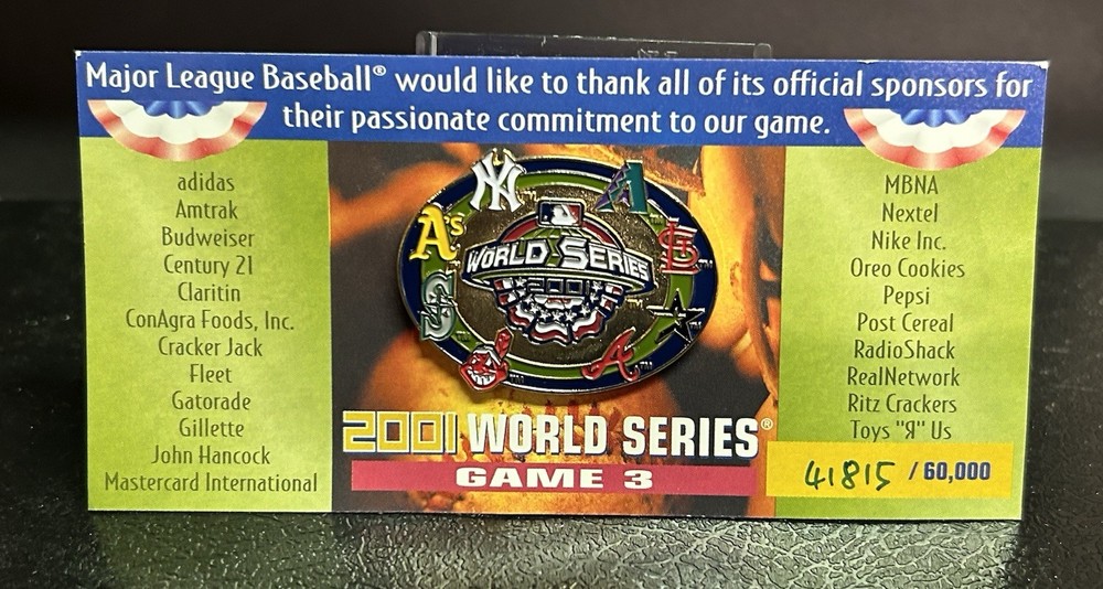 2001 World Series Game 3 GW Bush 1st Pitch #ed Pin Rare Historic /60,000 WS