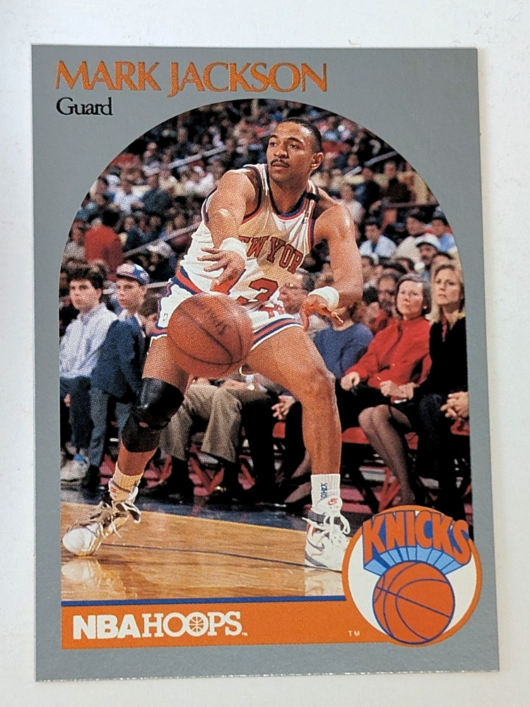 1990-91 NBA HOOPS, MARK JACKSON #205, MENENDEZ BROS IN BACKGROUND, EX-NRMT