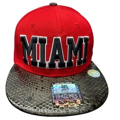 Miami Red Faux Snake Skin Flat Bill Snapback Hat City Florida Black Headlines