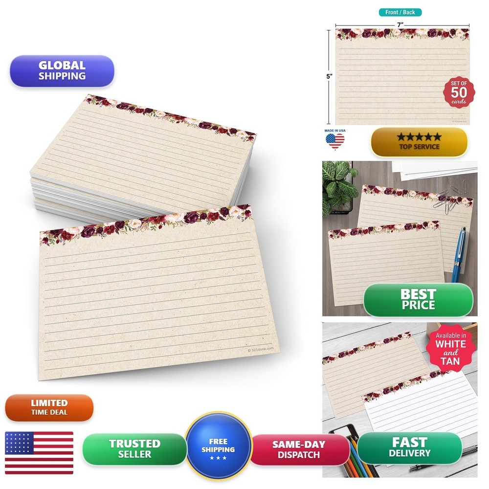 321Done Ruled Index Cards Large 5×7 Set of 50 Red Roses on Tan