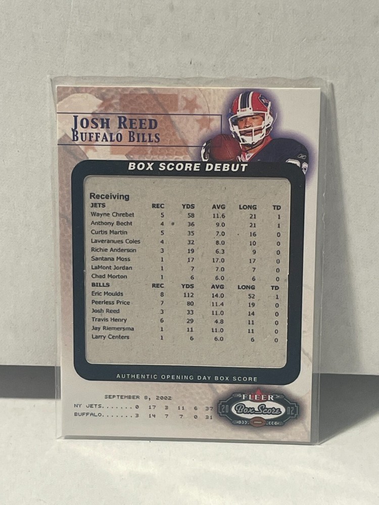 2002 Fleer Box Score Josh Reed #14 BSD Debuts Buffalo Bills