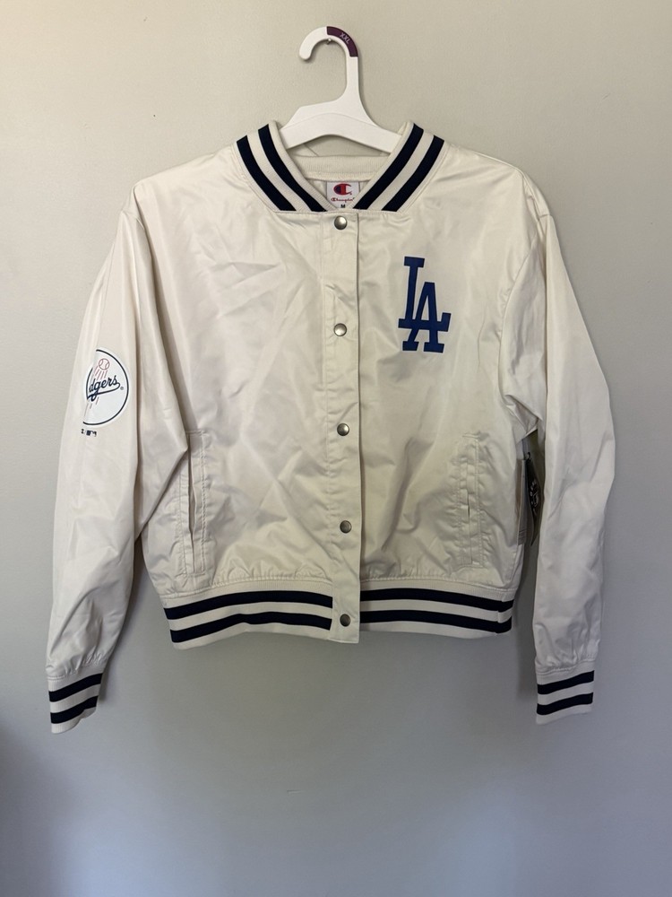 Champion LA Dodgers MLB Snap-Front Jacket Script Back LA Logo White Blue M