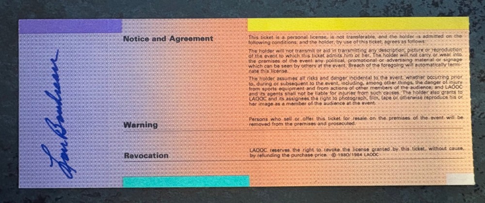 1984 XXIII Summer Olympics Full Baseball Ticket from LA, Boudreau autograph
