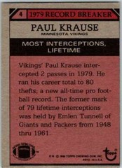 1980 Topps Football #4 Paul Krause RB Minnesota Vikings V44764