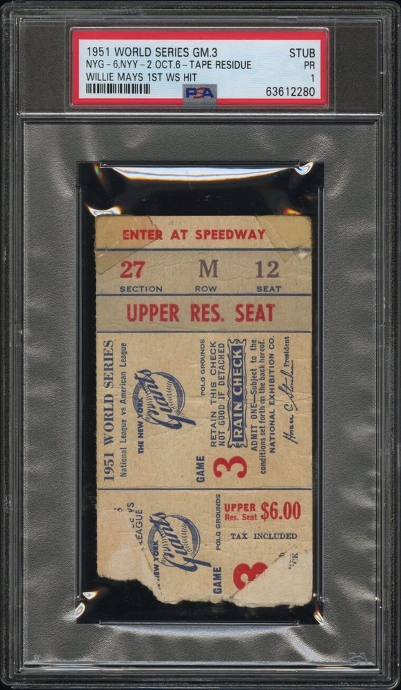 1951 WORLD SERIES GAME 3 WILLIE MAYS WS HIT #1-2 TICKET 10/6 GIANTS/YANKEES PSA