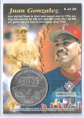 RARE 1997 PINNACLE MINT ~ JUAN GONZALES SILVER/NICKEL COIN & DIE CUT CARD #6