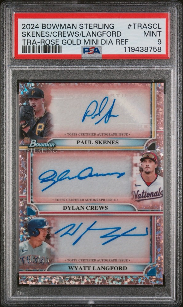 2024 Bowman Sterling Triple Auto Skenes Crews Langford Rose Gold /15 PSA 9