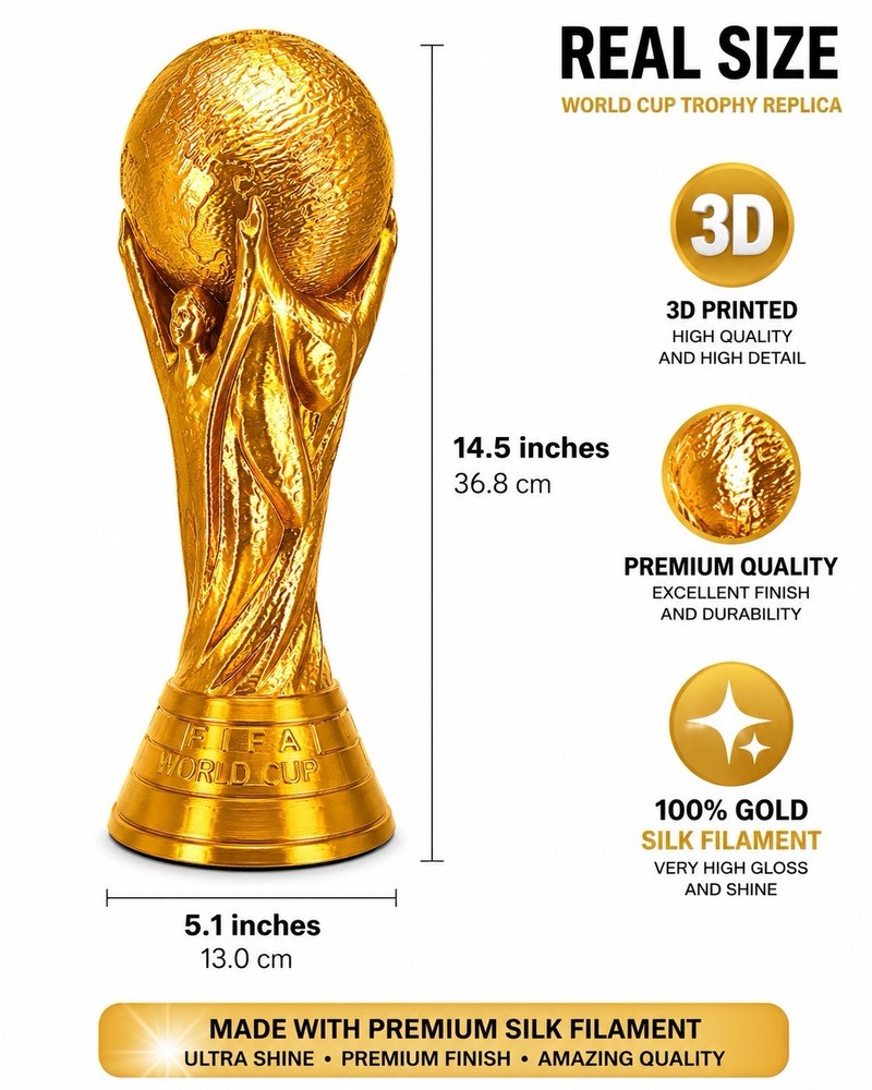 World Cup Trophy Replica 14.5” Gold Soccer Cup High Gloss 3D All Gold