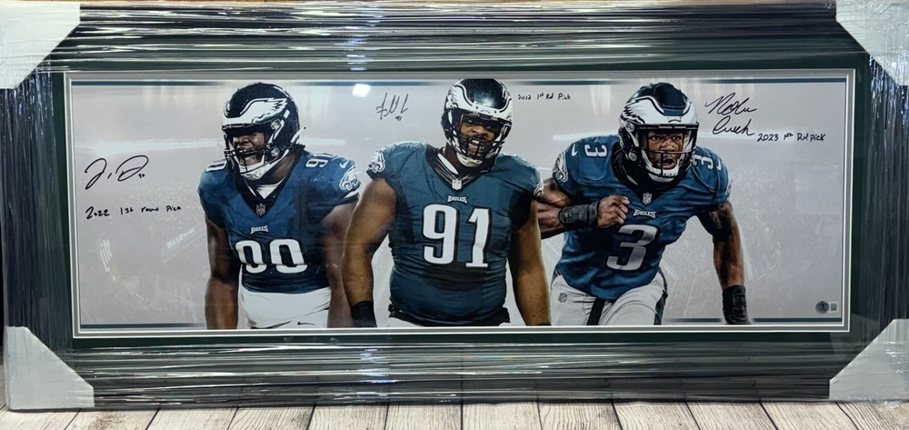 PHILADELPHIA EAGLES FLETCHER COX,JORDAN DAVIS,NOLAN SMITH JR SIGNED FRAMED PANO!