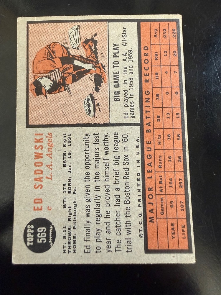 1962 TOPPS HIGH # ED SADOWSKI (LOS ANGELES ANGELS) #569 VG TOP RIGHT CORNER BEND