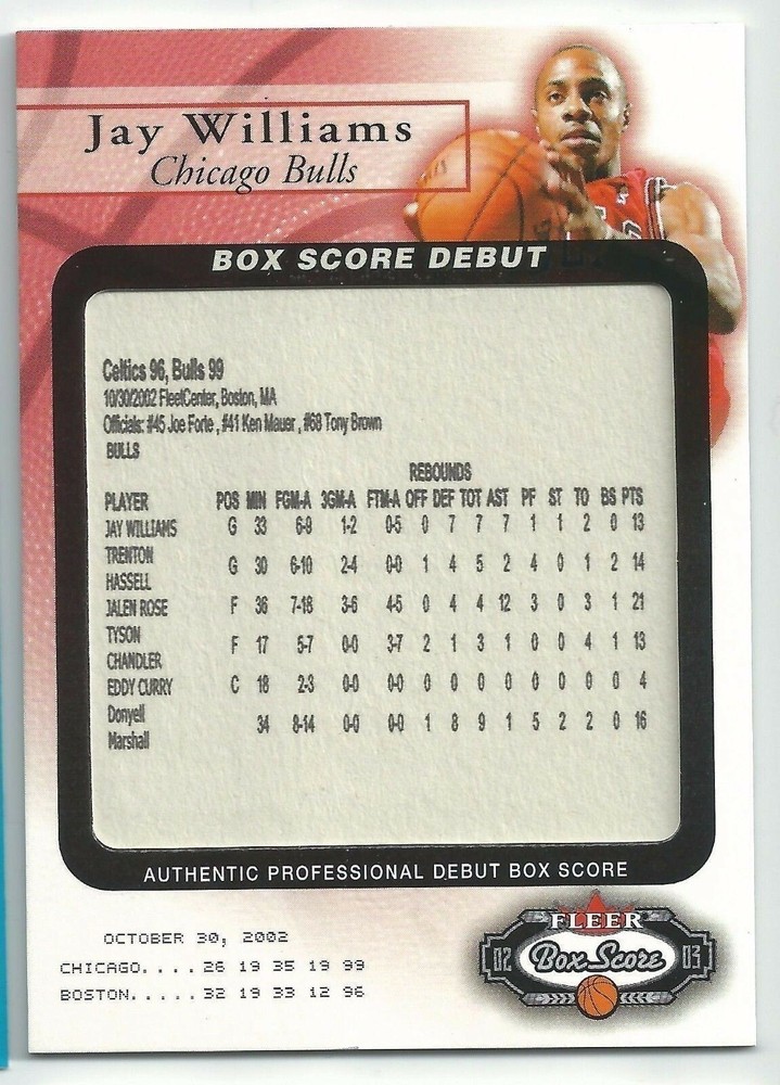2002-03 Fleer Box Score Jay Williams Bulls Debut Rookie RC #/2002 #9BSD