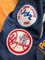 NY Yankees 80s Vintage Athletic Jacket Blue Satin Bomber Varsity Patches XS XXS