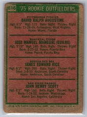1975 Topps #616 Rookie Outfielders (D Augustine / P Mangual / J Rice / J Scott)