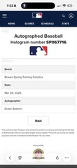 Drake Baldwin Atlanta Braves Autographed/Signed Baseball MLB Authenticated