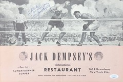 Jack Dempsey Autographed/Signed 14×9.5 Restaurant Menu JSA BA211681