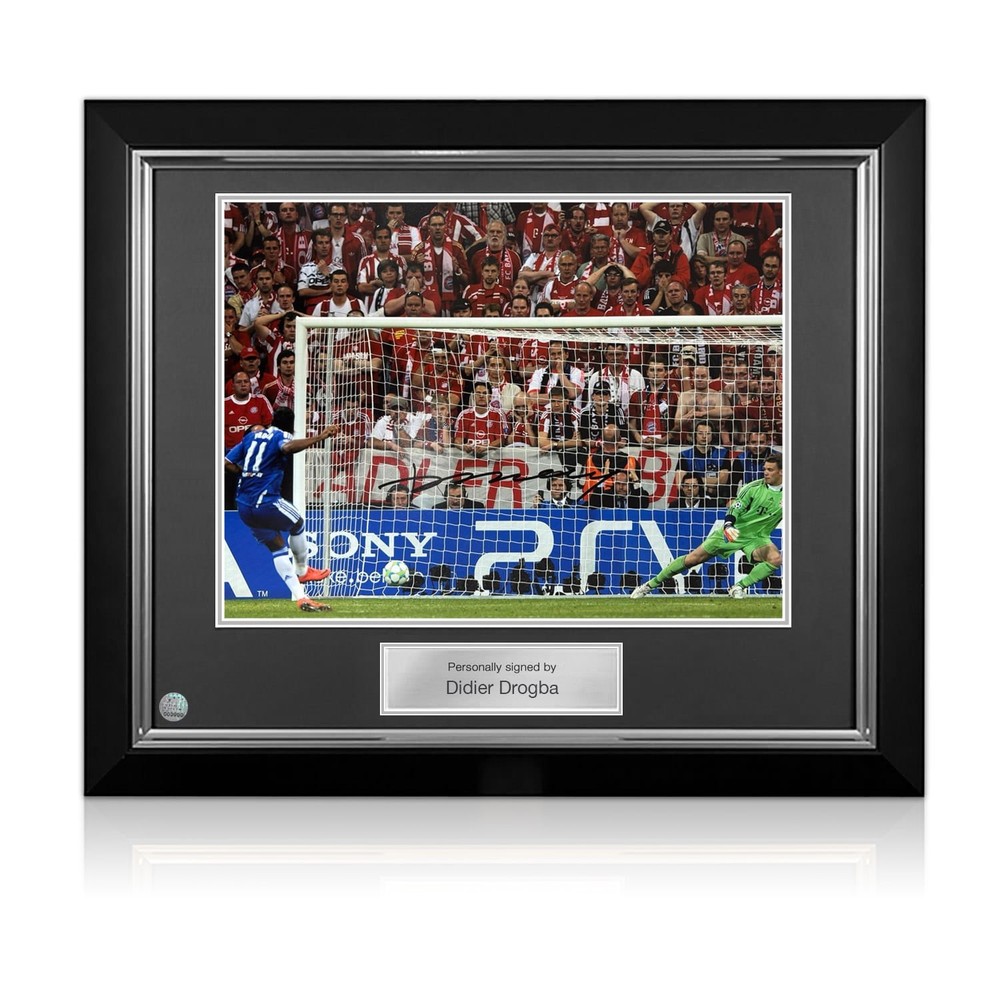 Didier Drogba Signed Chelsea Football Photo: UCL Penalty. Deluxe Frame