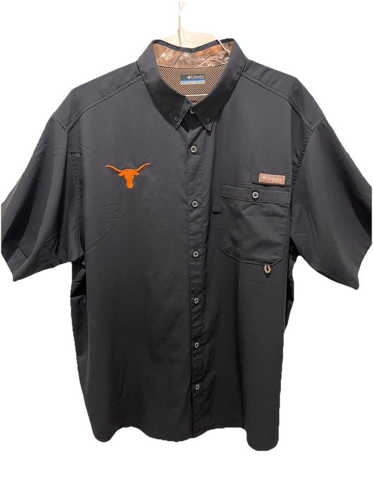 Columbia PHG Texas Longhorns Rare Black Button Up Shirt Mens 2XL Fishing Vented
