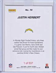 2020 Panini Instant NFL Justin Herbert RC #70 1 of 537 Sharp Gem Mint