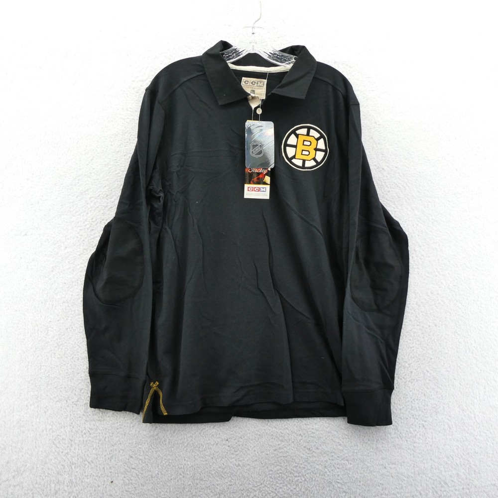 CCM Boston Bruins Polo Shirt Mens Large Black Collared Elbow Pads NHL Retro New