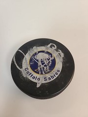 Vintage Buffalo Sabres Official Puck -In Glass Co – 90&rsquo;s Signed Unknown NHL