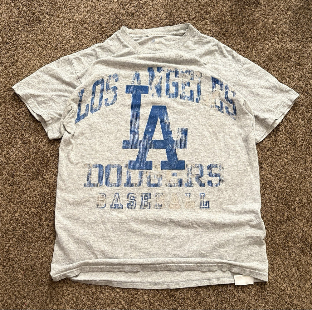 MLB Vintage Los Angeles Dodgers Gray/Blue Short Sleeve Baseball Shirt distressed