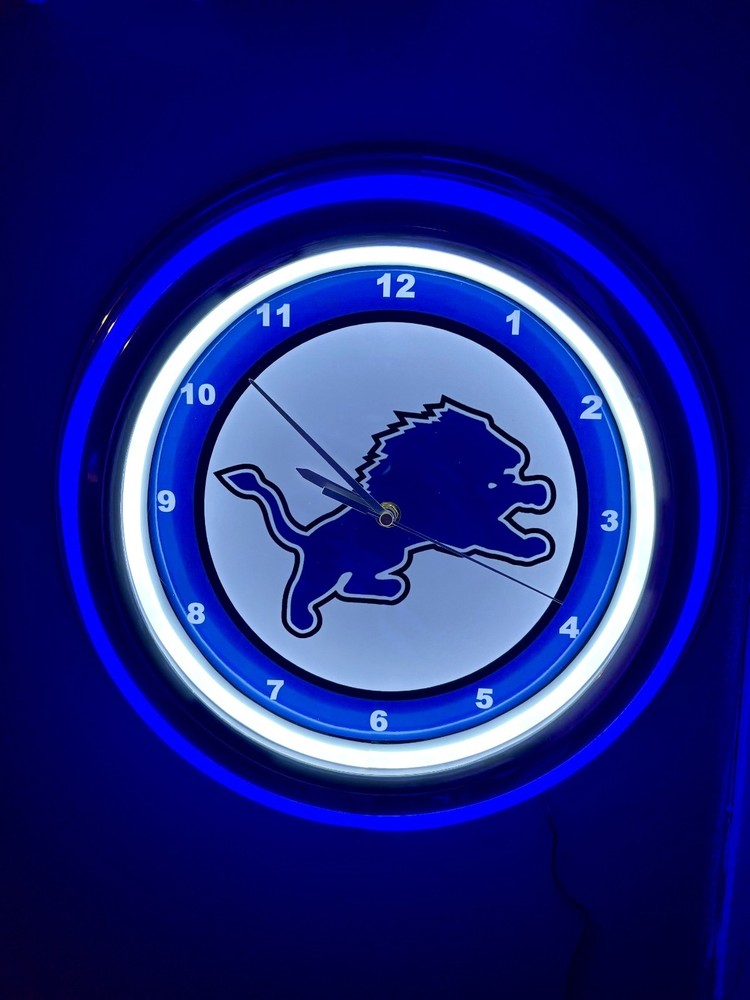 Detroit Lions Football Bar Man Cave Neon Style Retro LED Clock Sign
