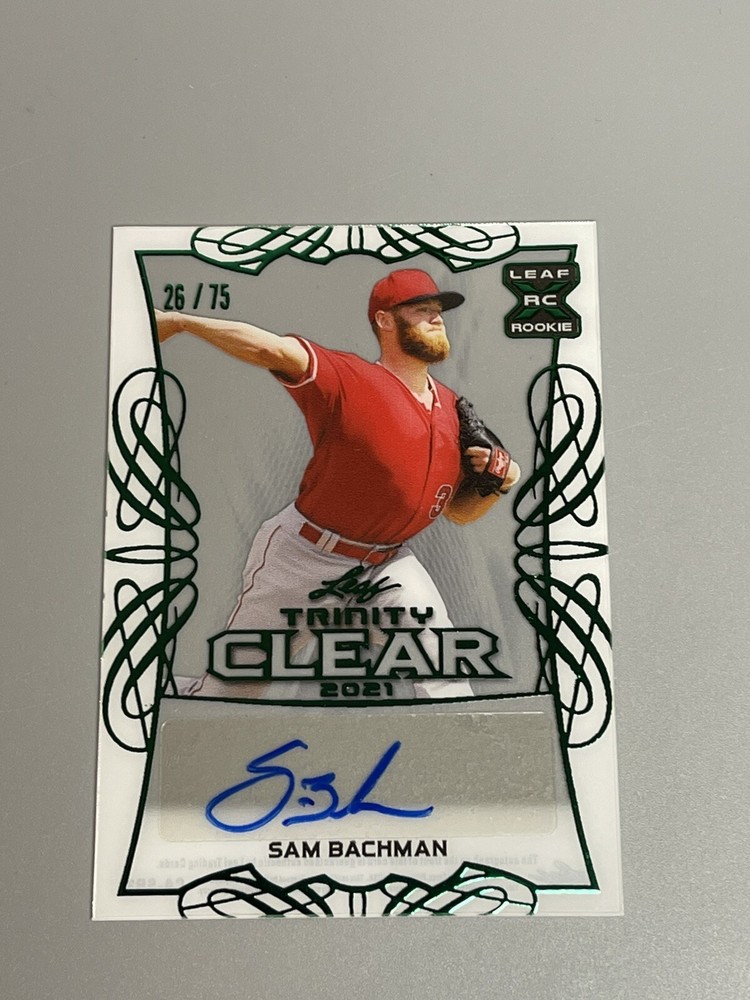 Sam Bachman 2021 Leaf Trinity /75 Green Clear Auto CA-SB3 Los Angeles Angels