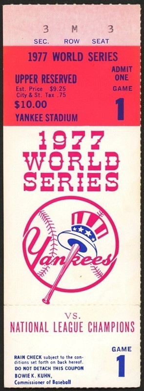 1977 World Series Game 1 Ticket Stub – New York Yankees – Pubs/Pics/Tix