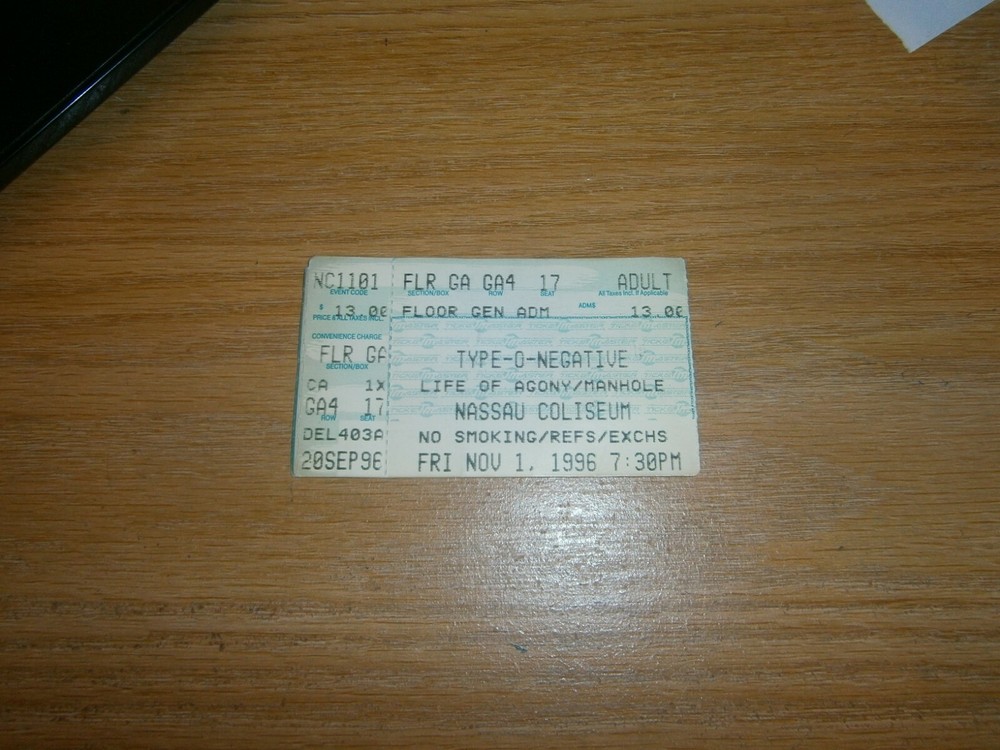 Type O Negative/Life Of Agony/Manhole Concert Ticket Stub Nov,1 1996 Nassau NY