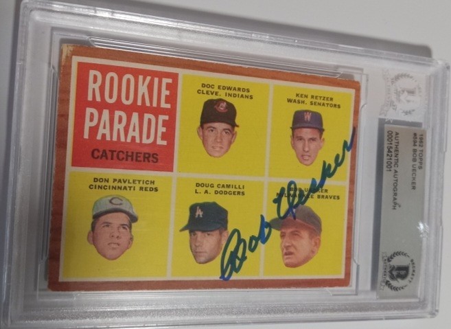 BOB UECKER MILWAUKEE BRAVES BREWERS SIGNED 1962 TOPPS ROOKIE CARD BAS SLABBED