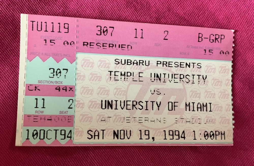 11/19/94 – Dwayne The Rock Johnson Warren Sapp Ticket Stub – Miami Vs Temple