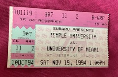 11/19/94 – Dwayne The Rock Johnson Warren Sapp Ticket Stub – Miami Vs Temple