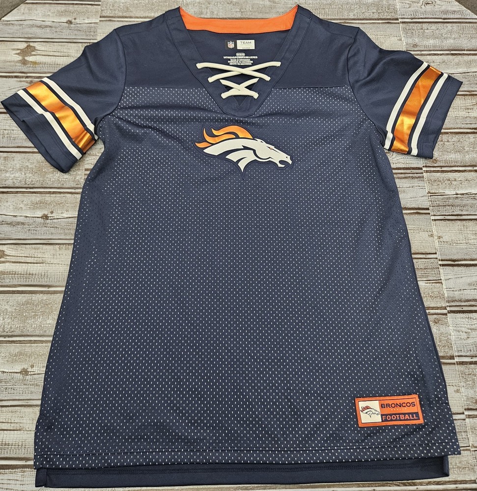 Denver Broncos NFL Women’s M T-Shirt Short Sleeve Navy W/ Orange White Lace