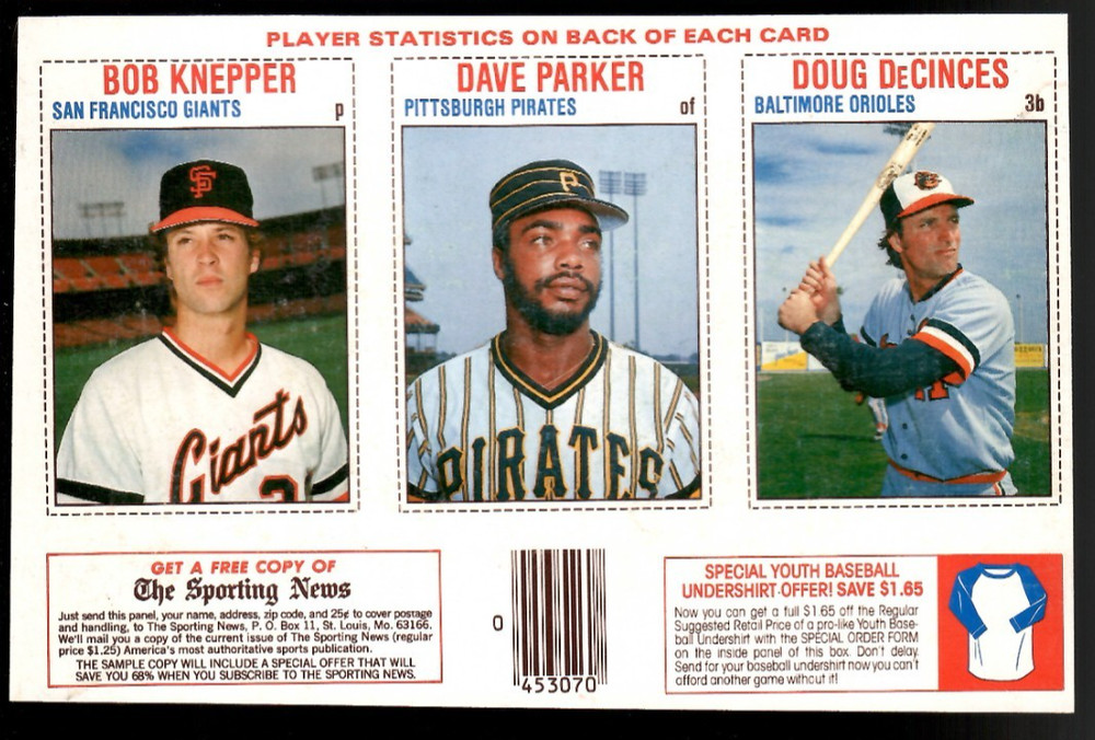 Bob Knepper & Dave Parker & Doug DeCinces 1979 Hostess 3-Player Baseball Panel